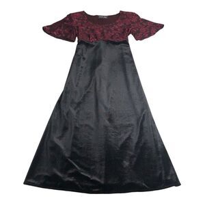 VTG Petite Jazz Dress M Red Floral Velvet Maxi Cinch Empire Burnout Whimsigoth